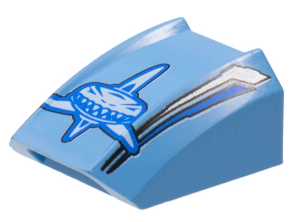 Slope, Curved 2 x 2 Lip with Blue and White Shark, Angled Silver Stripes Pattern