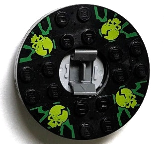 Turntable 6 x 6 x 1 1/3 Round Base with Black Top with Lime Skulls on Green Pattern &#40;Ninjago Spinner&#41;