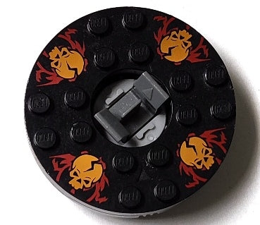 Turntable 6 x 6 x 1 1/3 Round Base with Black Top with Orange Skulls on Red Pattern &#40;Ninjago Spinner&#41;