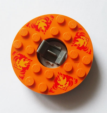 Turntable 6 x 6 x 1 1/3 Round Base with Orange Top and Bright Light Orange Faces on Red Flames Pattern &#40;Ninjago Spinner&#41;