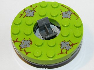 Turntable 6 x 6 x 1 1/3 Round Base with Lime Top with Dark Bluish Gray Stone Faces on Reddish Brown Cracks Pattern &#40;Ninjago Spinner&#41;