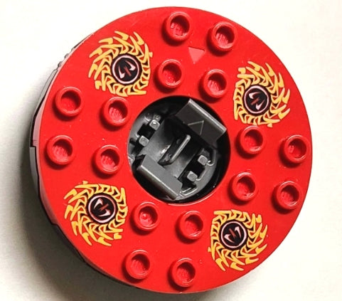 Turntable 6 x 6 x 1 1/3 Round Base Serrated with Red Top and Red, White, Yellow and Black Fangpyre Pattern &#40;Ninjago Spinner&#41;