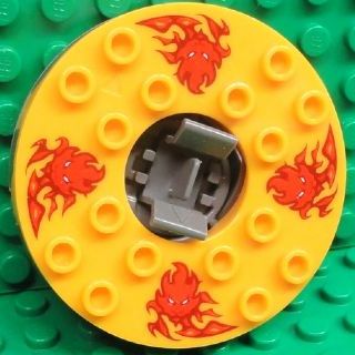 Turntable 6 x 6 x 1 1/3 Round Base Serrated with Bright Light Orange Top and Red Flames and Lion Heads Pattern &#40;Ninjago Spinner&#41;